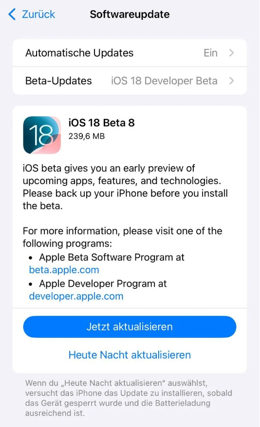 玉门苹果手机维修分享苹果 iOS / iPadOS 18 开发者预览版 Beta 8 发布 